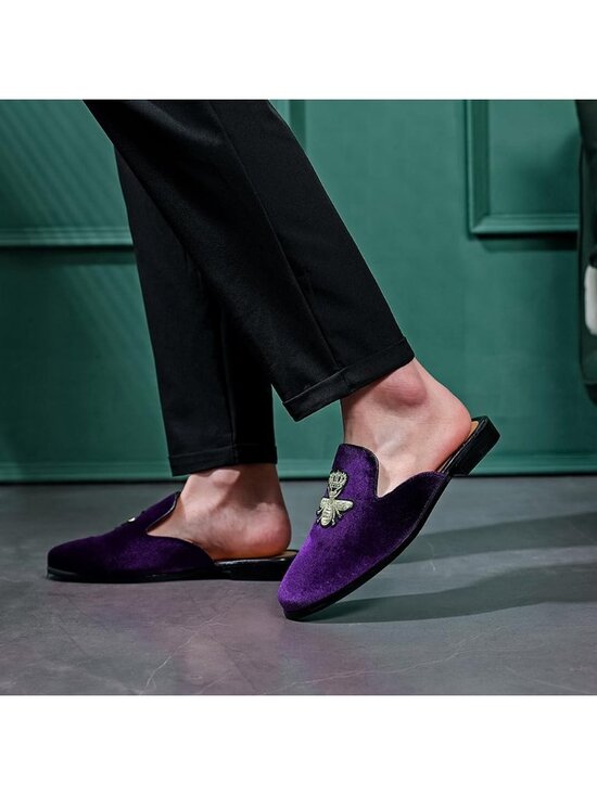 Men\'s Purple Rubber Sole Velvet Leather Crown Embroidery Slip On Loafer Slippers main image 6